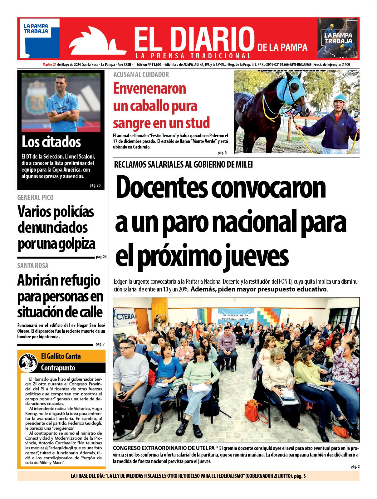 Tapa de El Diario en papel  martes 21 de mayo de 2024